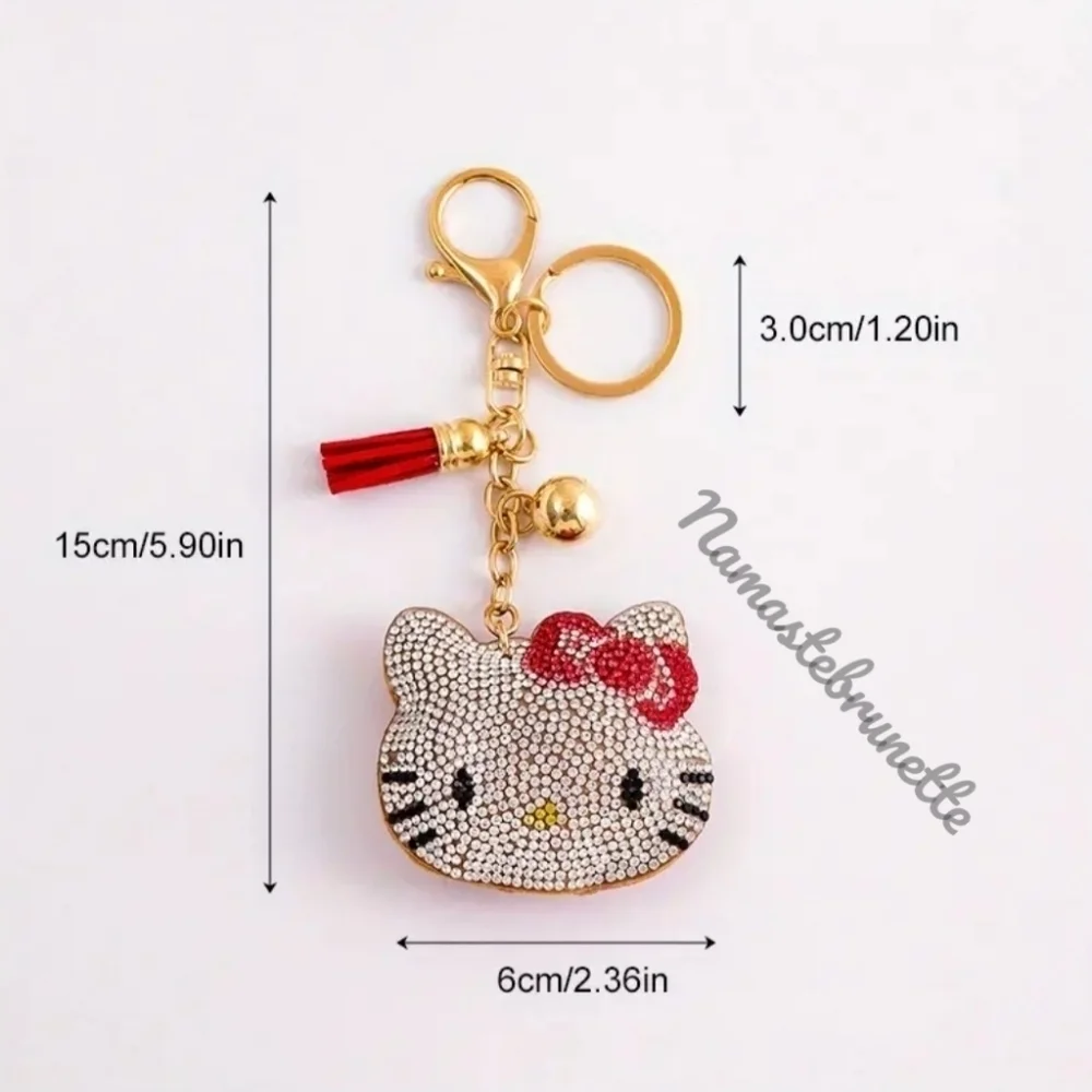 Hello Kitty Blue Bow Crystal Rhinestone Keychain Bag Charm With Tassel